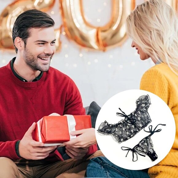 Women's Black Through Two Ways Wear Lingerie Sets Tulle Tie Top Thong Underwear - Picture 6 of 7